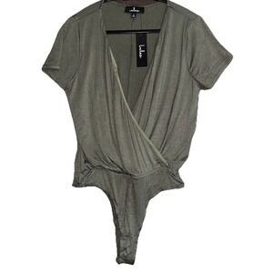 Lulus Marren Surplice Bodysuit Womens Medium Olive Green Knit Bodice Is Lined